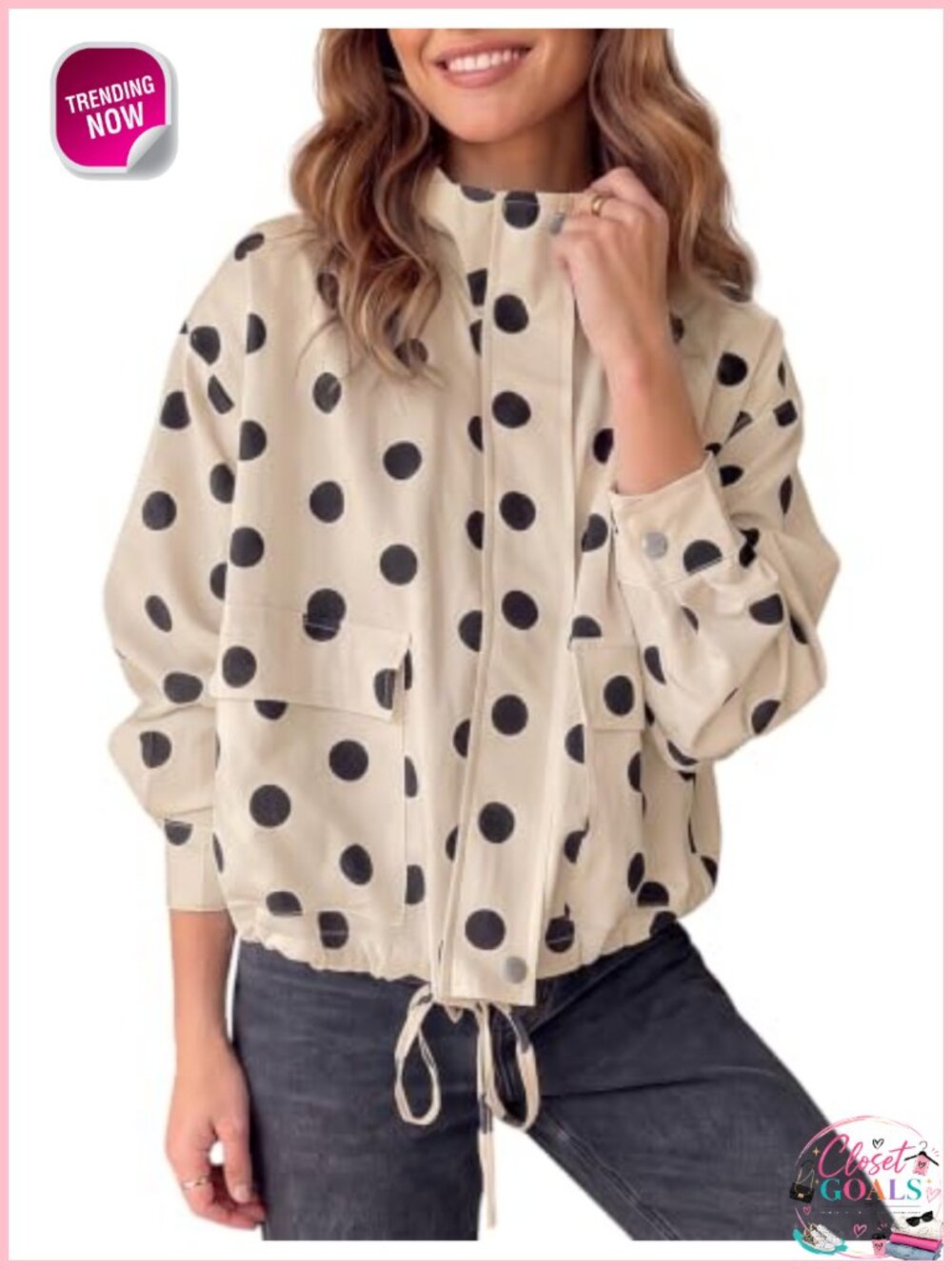 Women Casual Cropped Jacket Polka Dot Zipper Long Sleeve Oversized